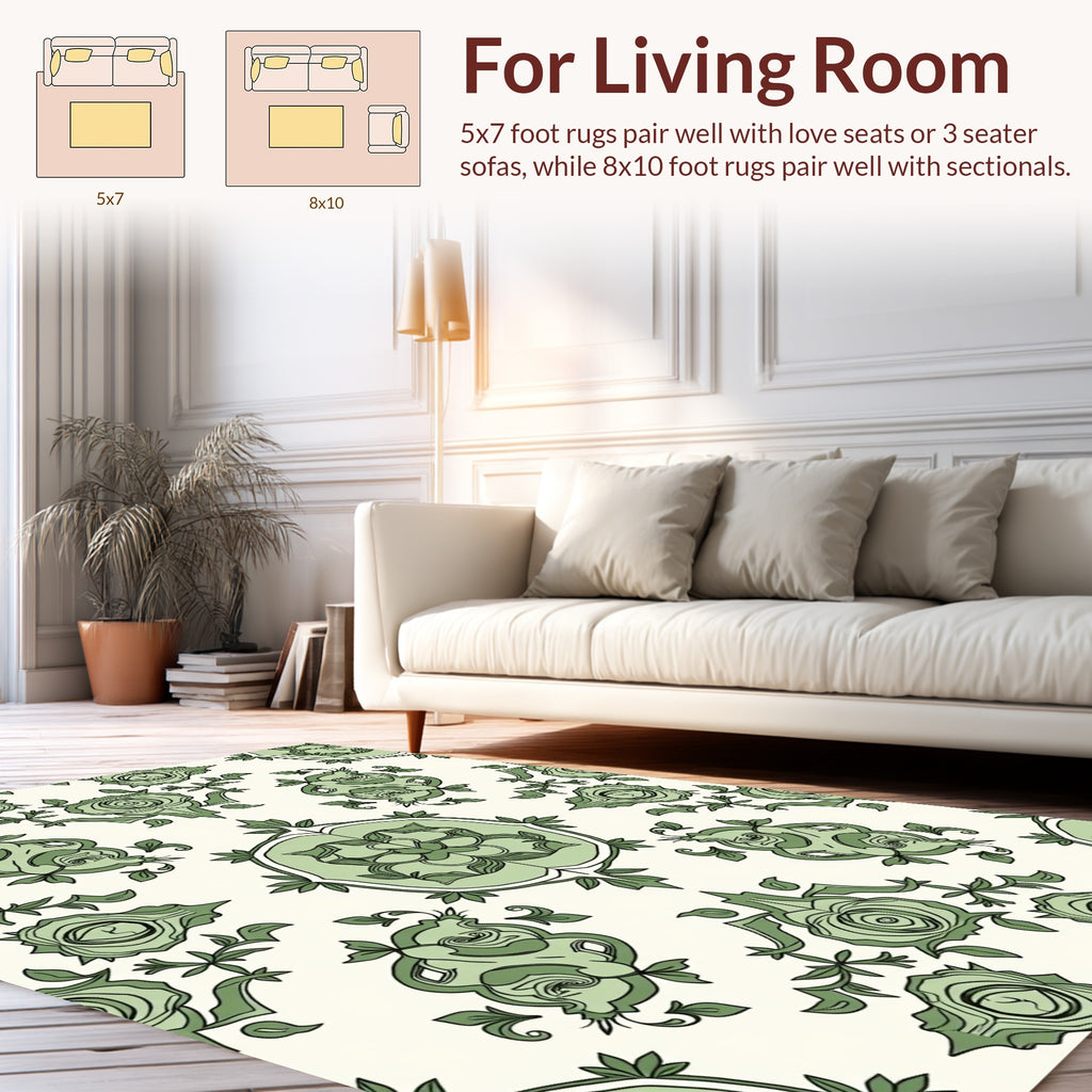 Green Nouveau Rose Scroll Pattern Rug