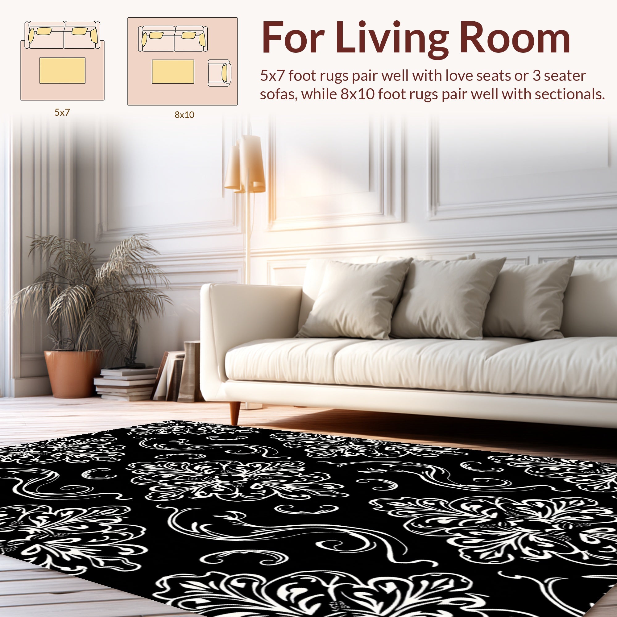 Elegant Black White Damask Floral Design Rug