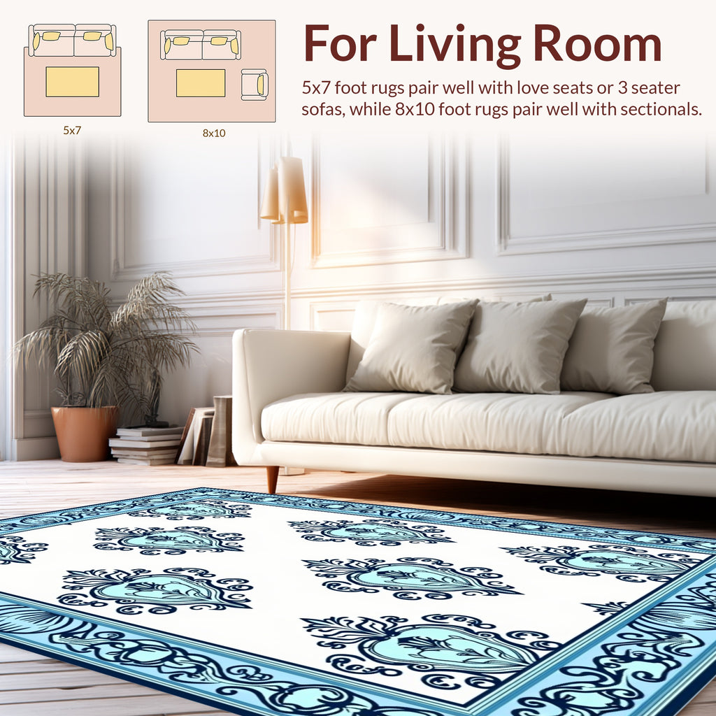 Light Blue Navy Damask Pattern Rug