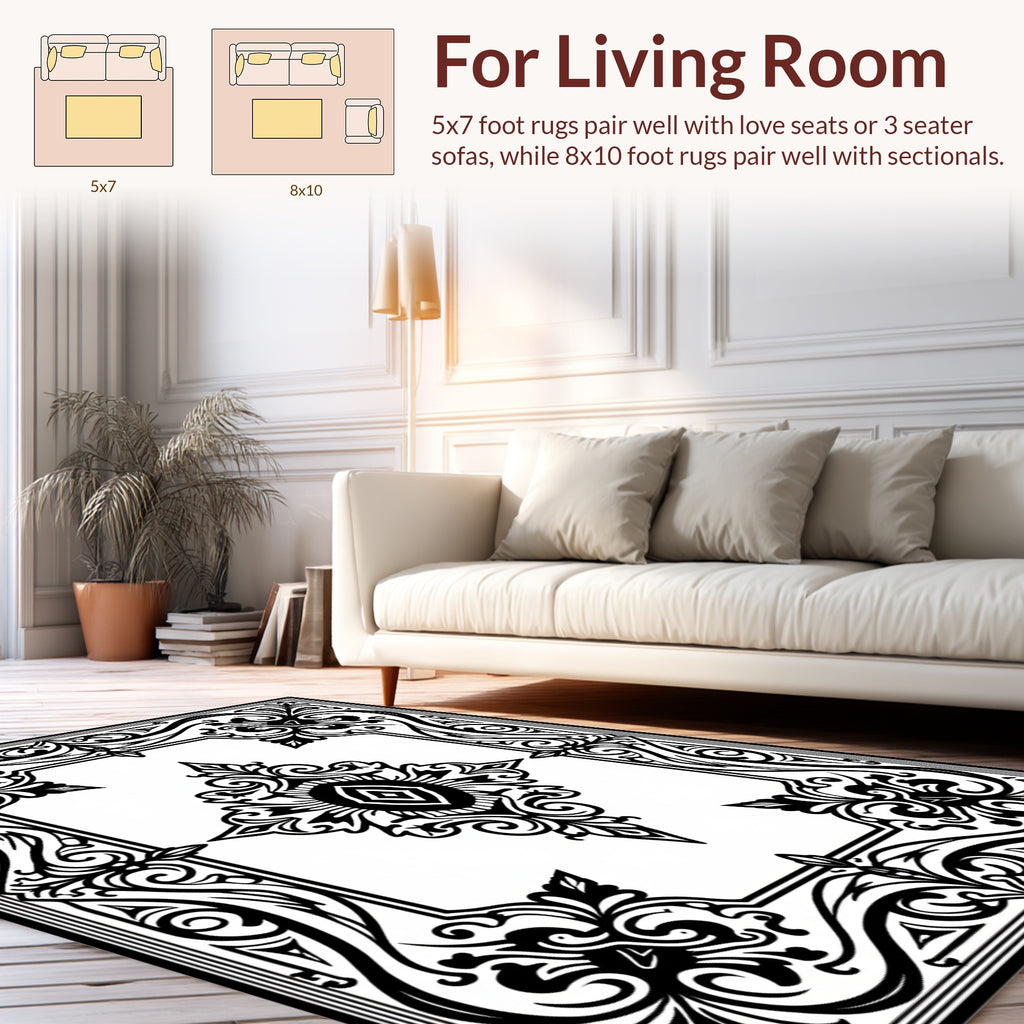 Ornate Black White Floral Scroll Work Rug