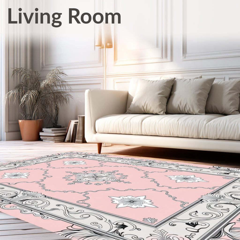 Pale Pink Floral Damask Scrollwork Rug