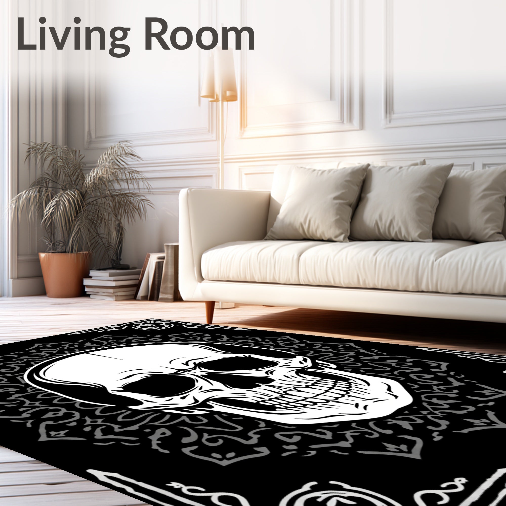 Black White Skull Mandala Frame Rug