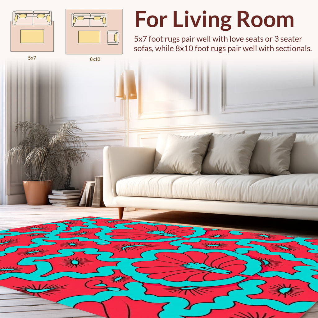 Bold Teal Red Floral Pattern Rug
