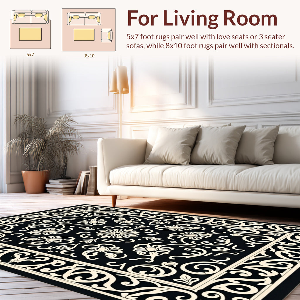 Black Ivory Ornate Floral Damask Rug