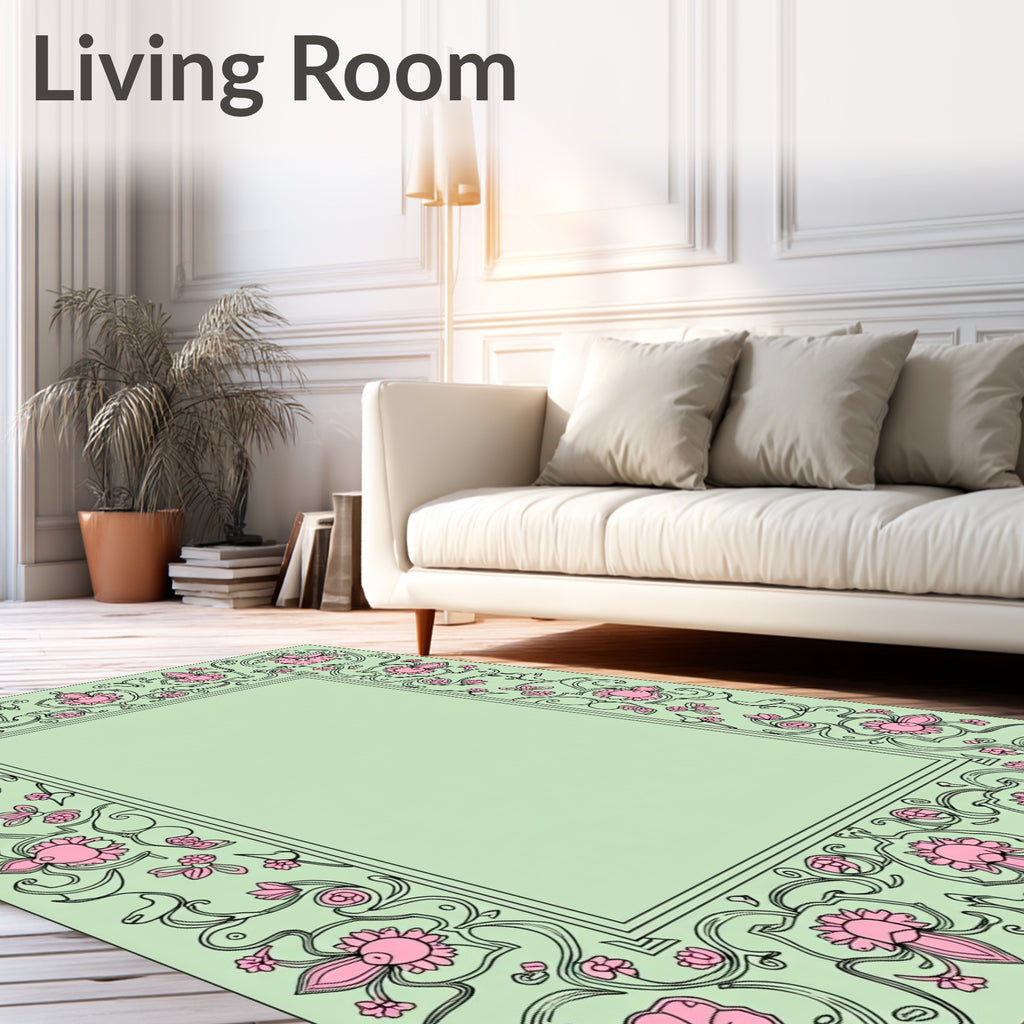 Pastel Pink Floral Vine Border Rug