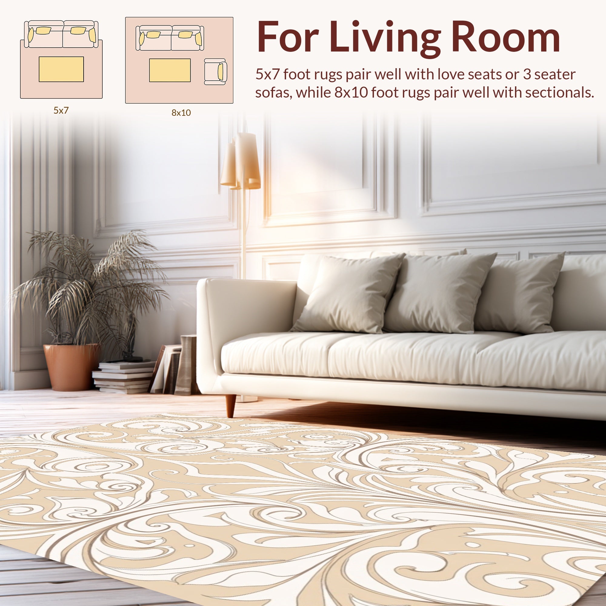 Ornate Beige Swirl Floral Pattern Rug