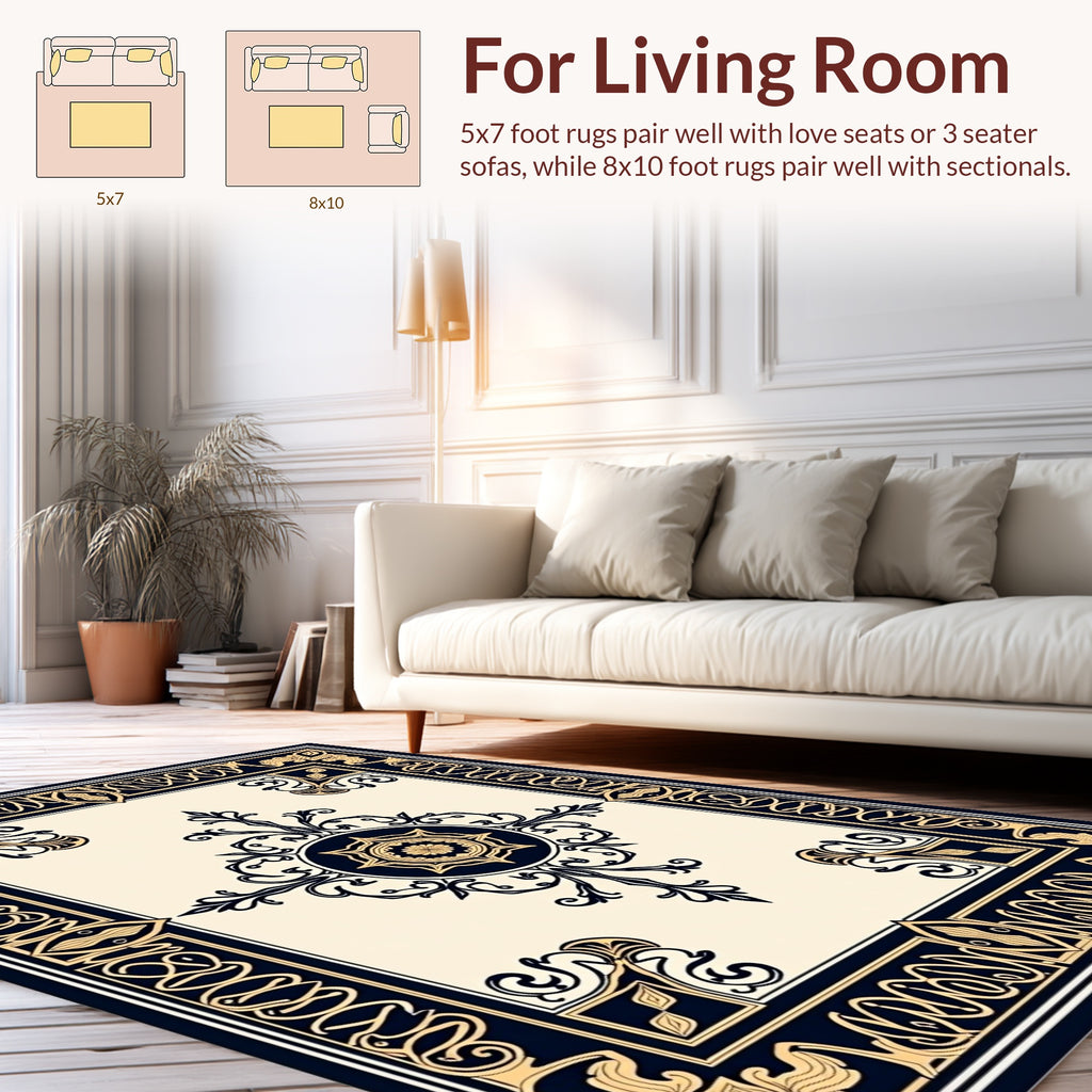Classic Dark Navy Gold Floral Medallion Design Rug
