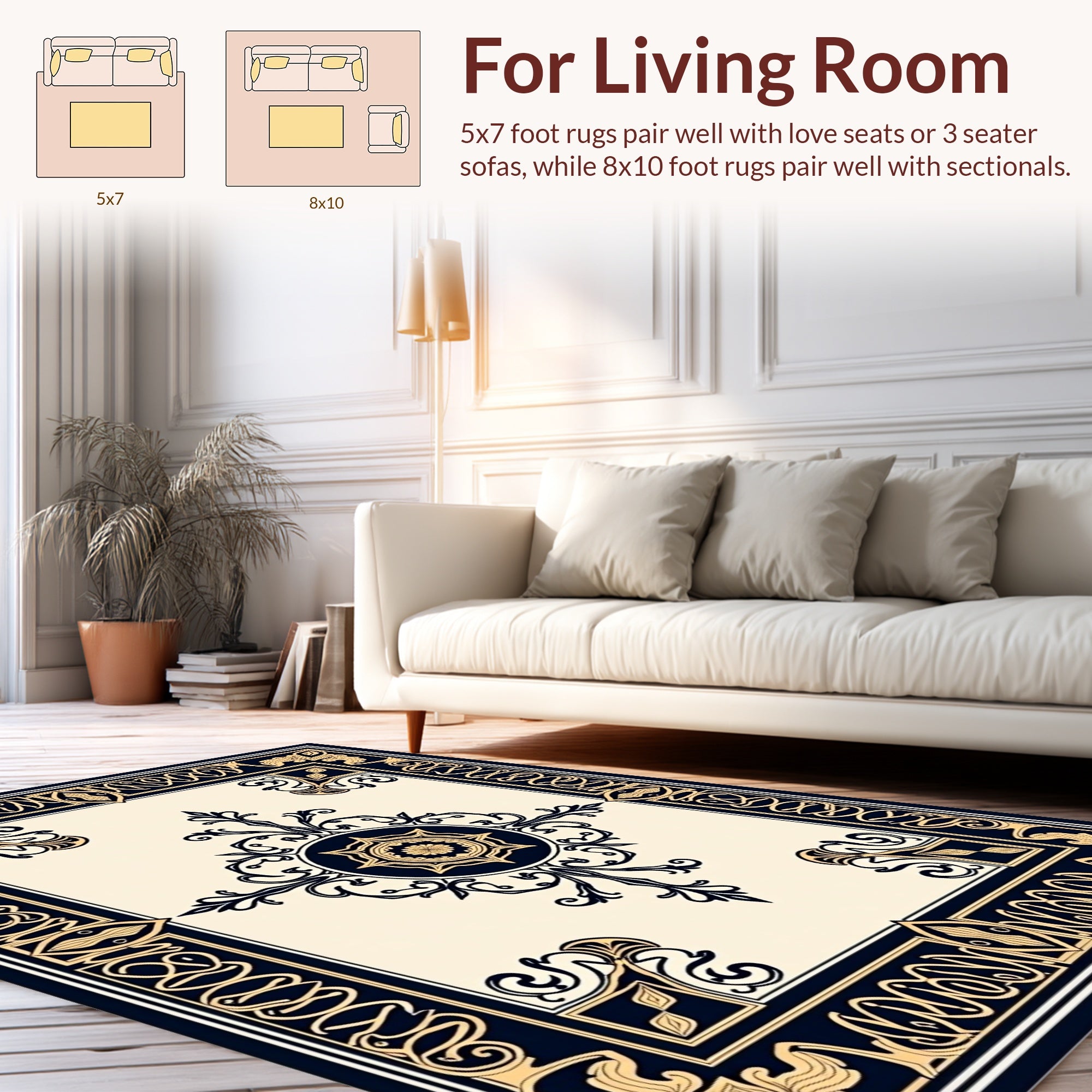 Classic Dark Navy Gold Floral Medallion Design Rug