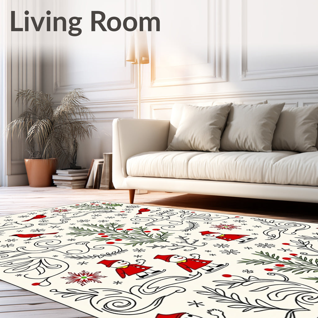 Whimsical Red Cardinal Snowman Skating Festive Rug