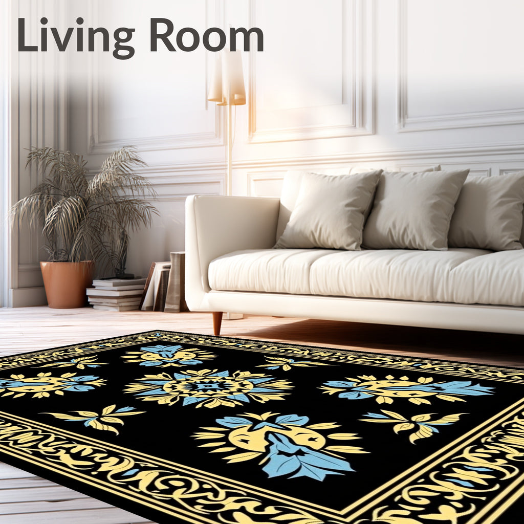 Artistic Black Yellow Blue Floral Design Rug