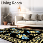 Artistic Black Yellow Blue Floral Design Rug