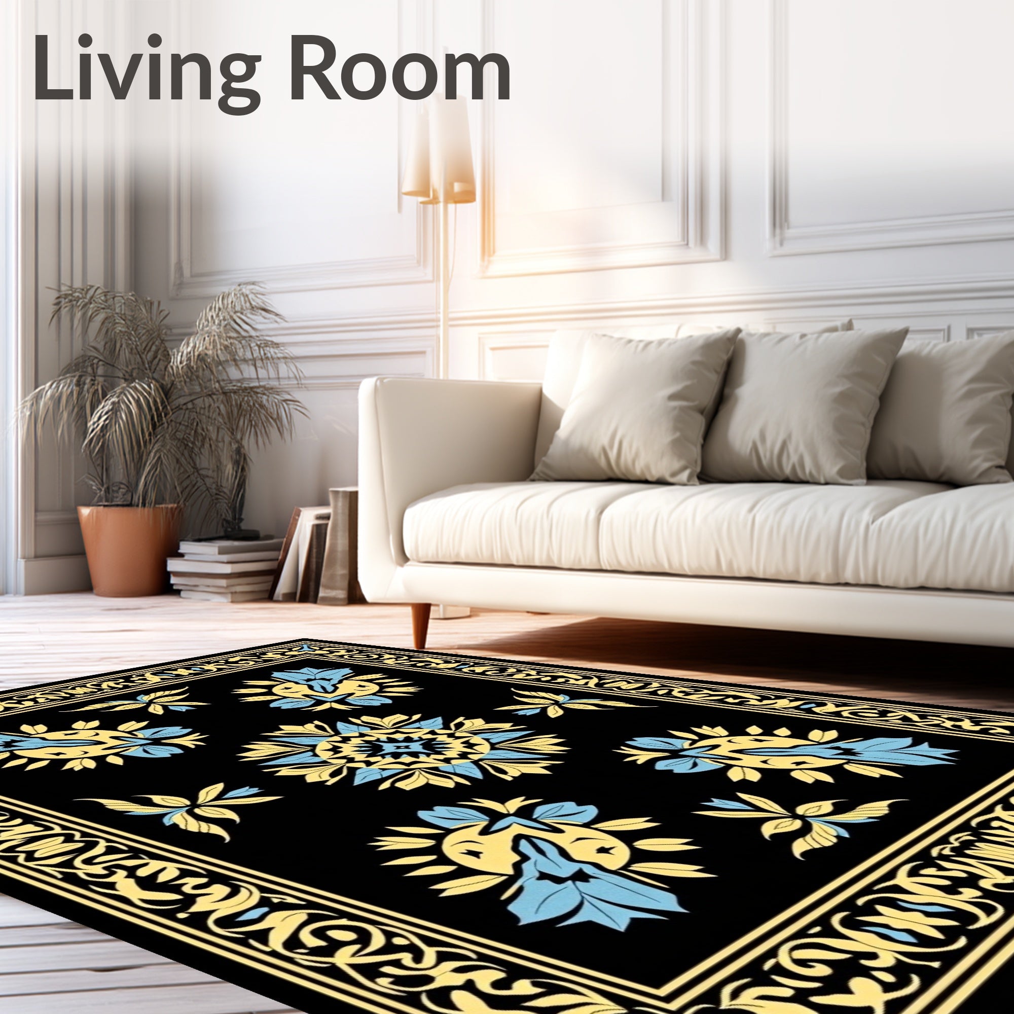 Artistic Black Yellow Blue Floral Design Rug