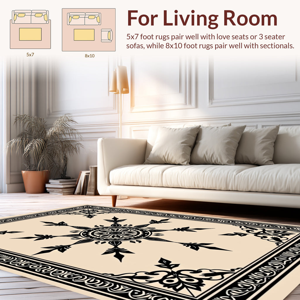 Ornate Black Floral Mandala Border Rug
