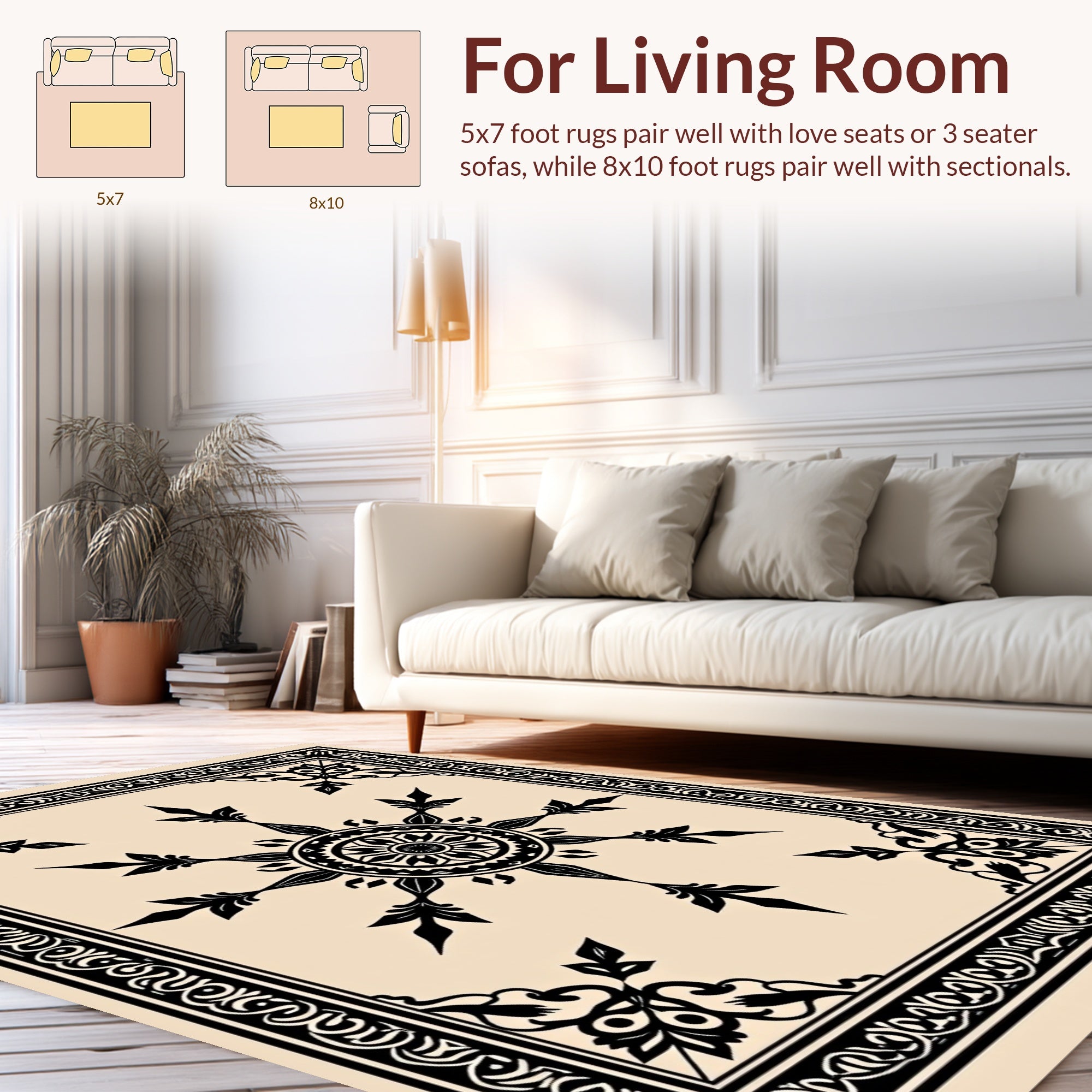 Ornate Black Floral Mandala Border Rug