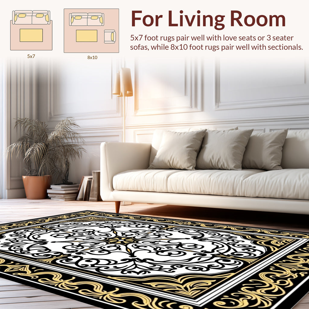 Ornate Black Gold Scrollwork Design Rug