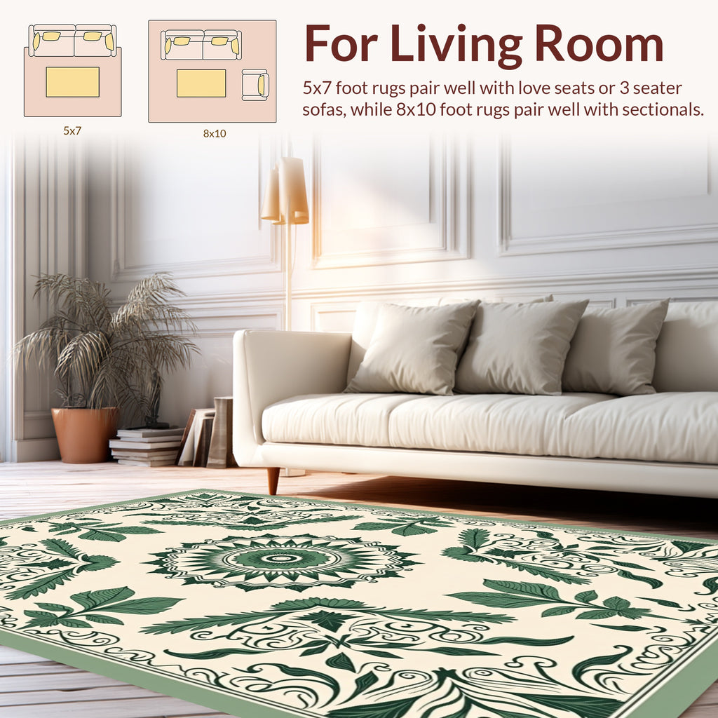 Green Leaf Mandala and Scroll Design Rug
