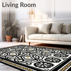 Intricate Black Gold Floral Tile Rug