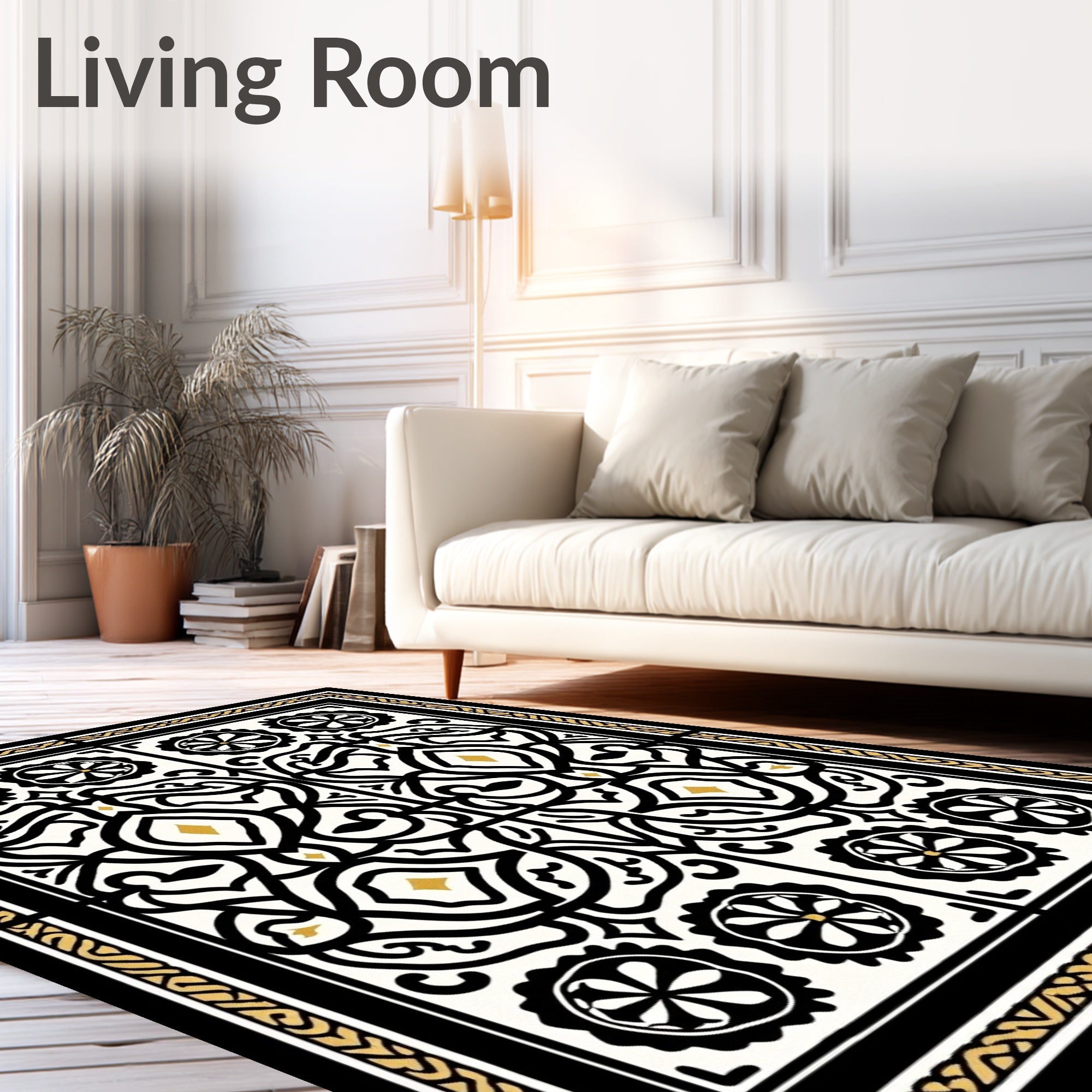 Intricate Black Gold Floral Tile Rug
