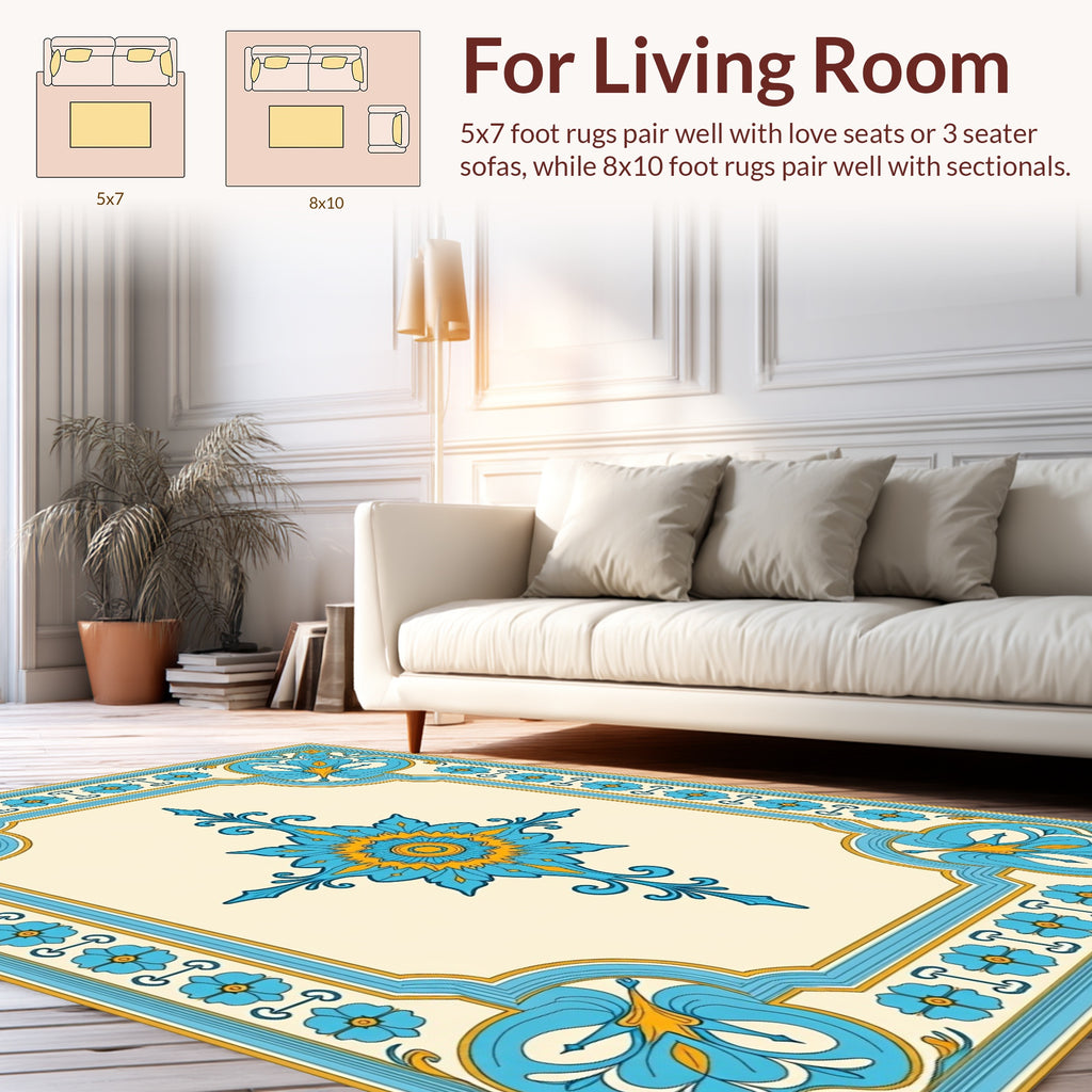 Azure Floral Patterned Medallion Rug
