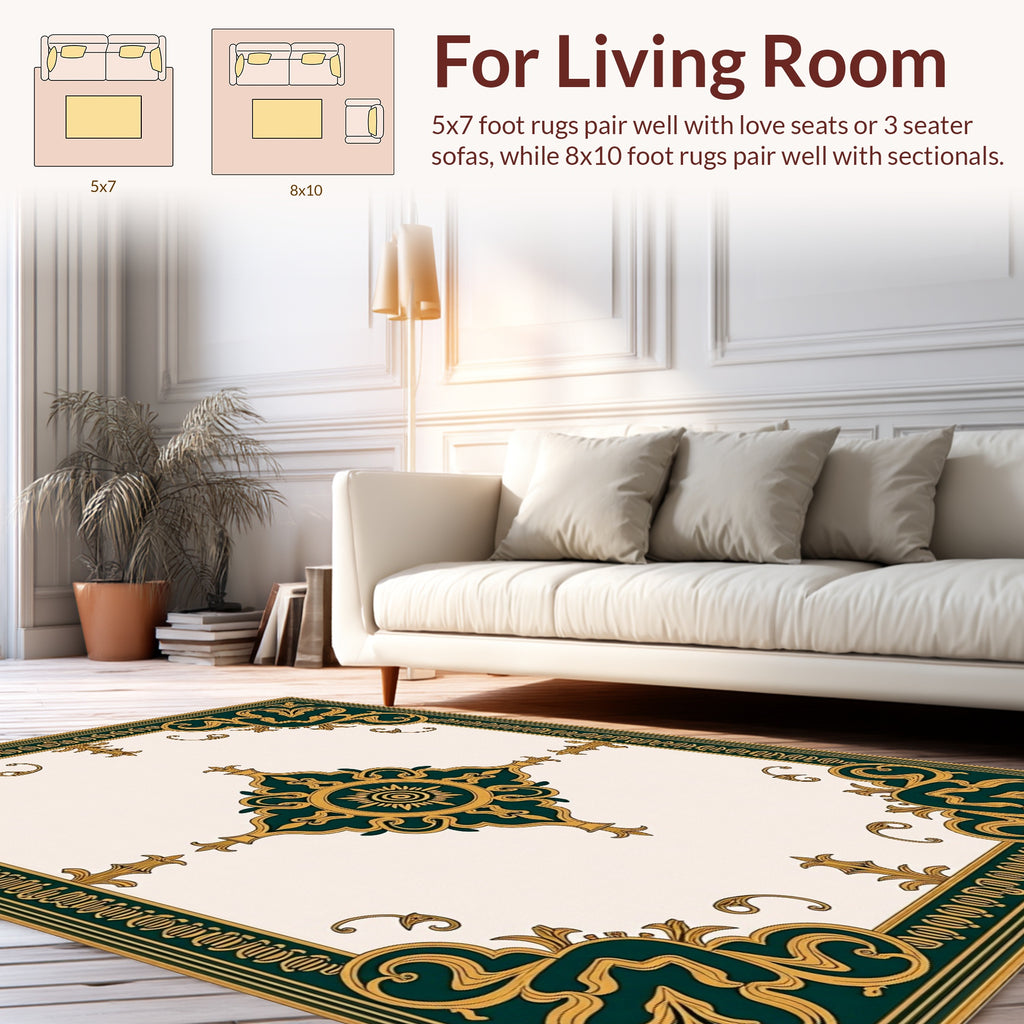 Ornate Teal Gold Scroll-Patterned Rug