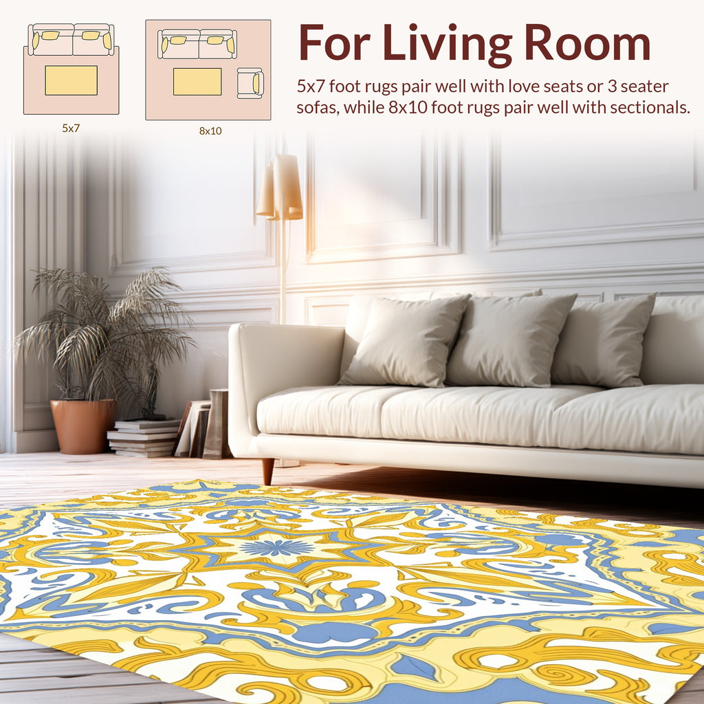 Sunlight Yellow Blue Damask Tile Rug