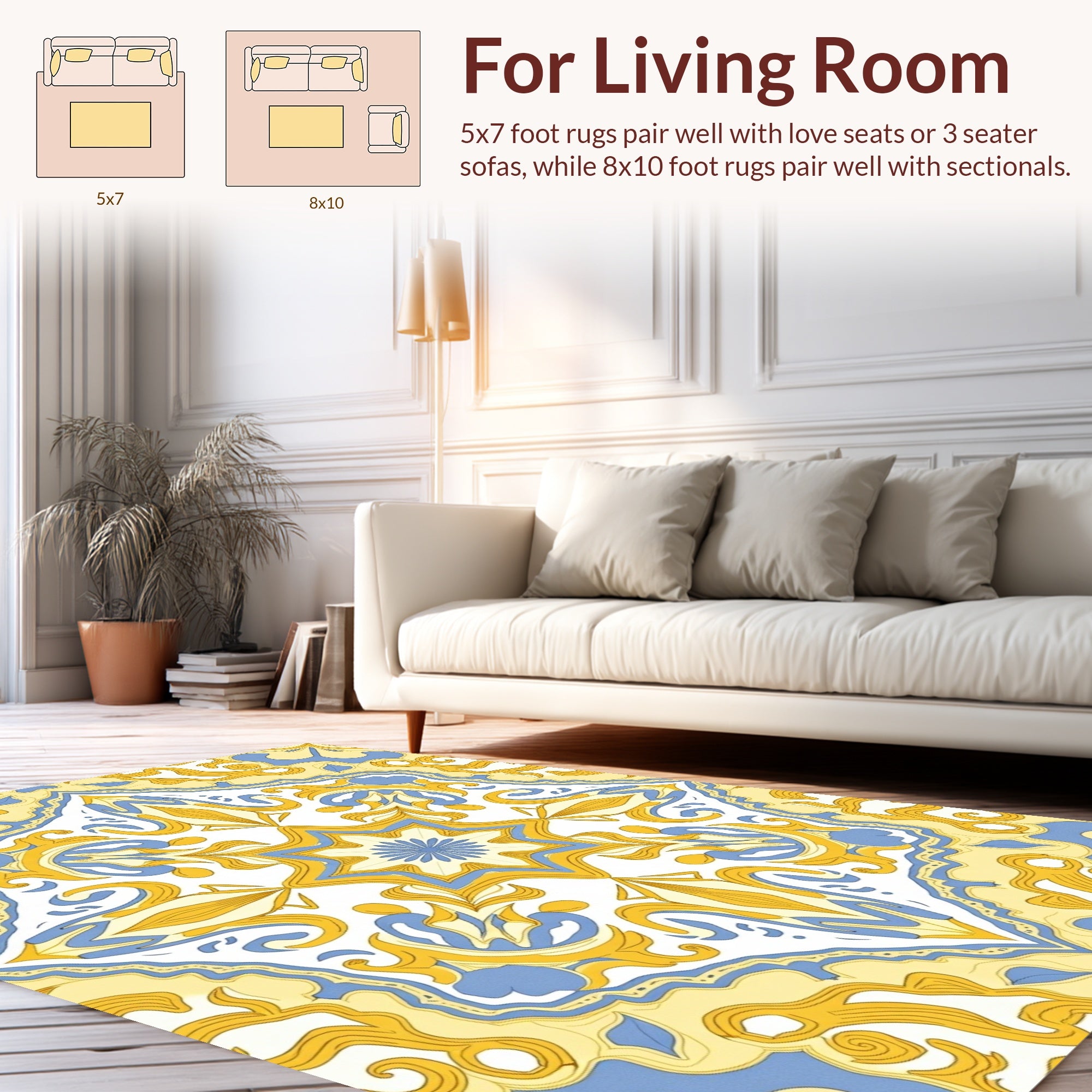 Sunlight Yellow Blue Damask Tile Rug