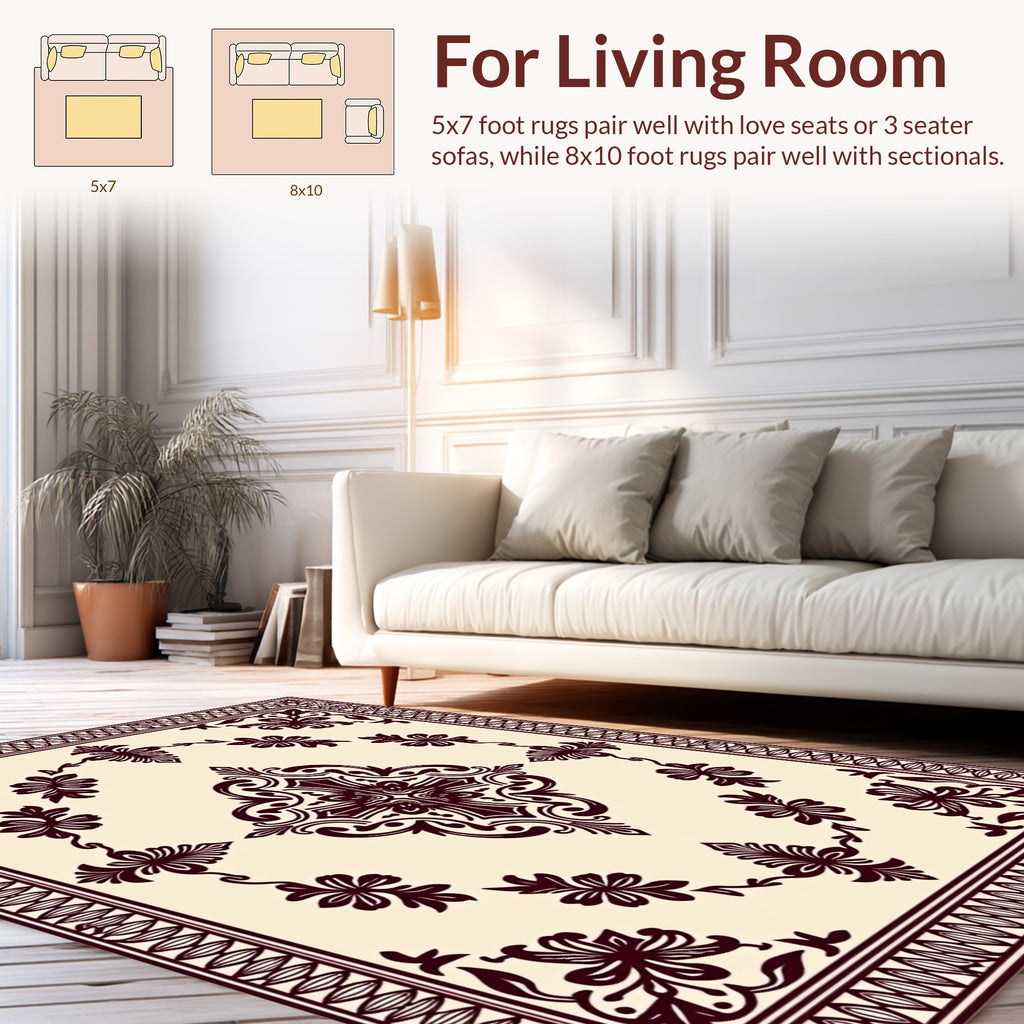 Cream Burgundy Ornamental Floral Pattern Rug