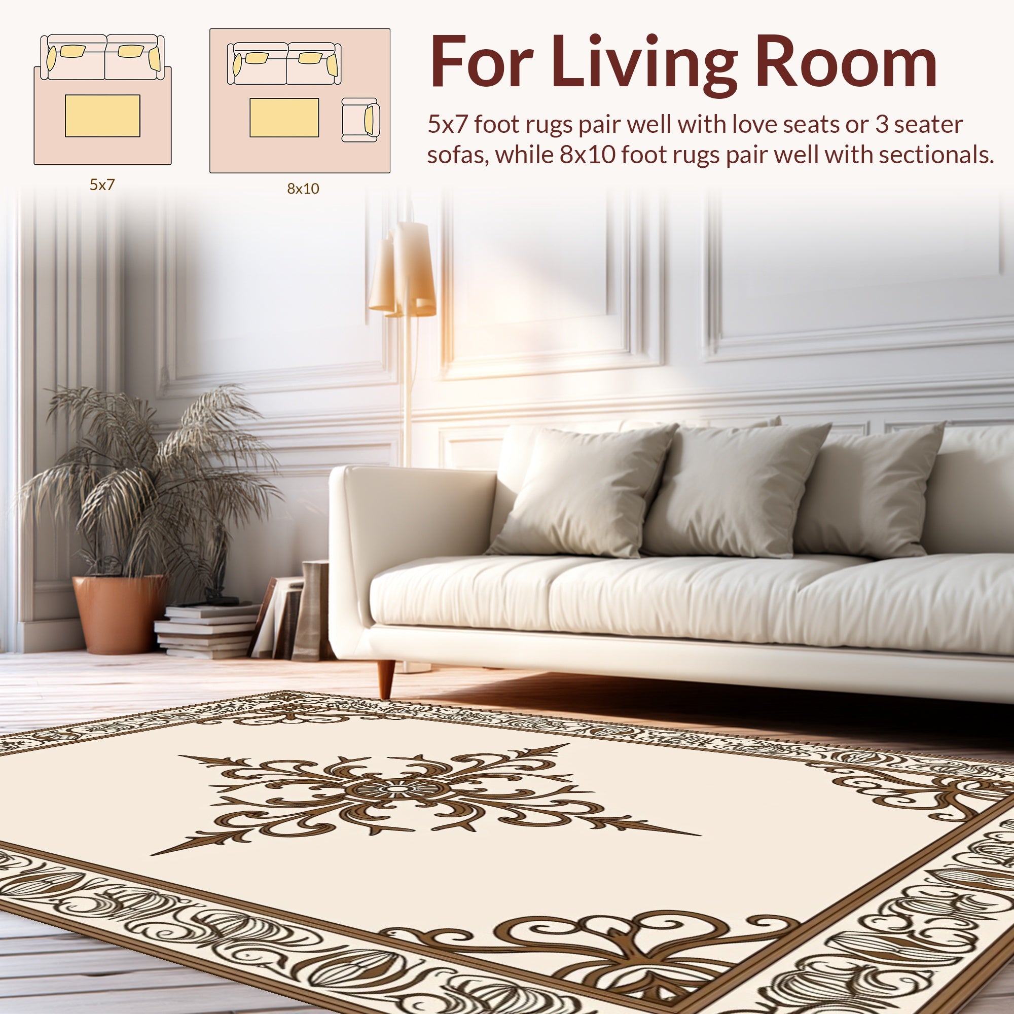 Ornate Scrollwork Brown Cream Pattern Rug