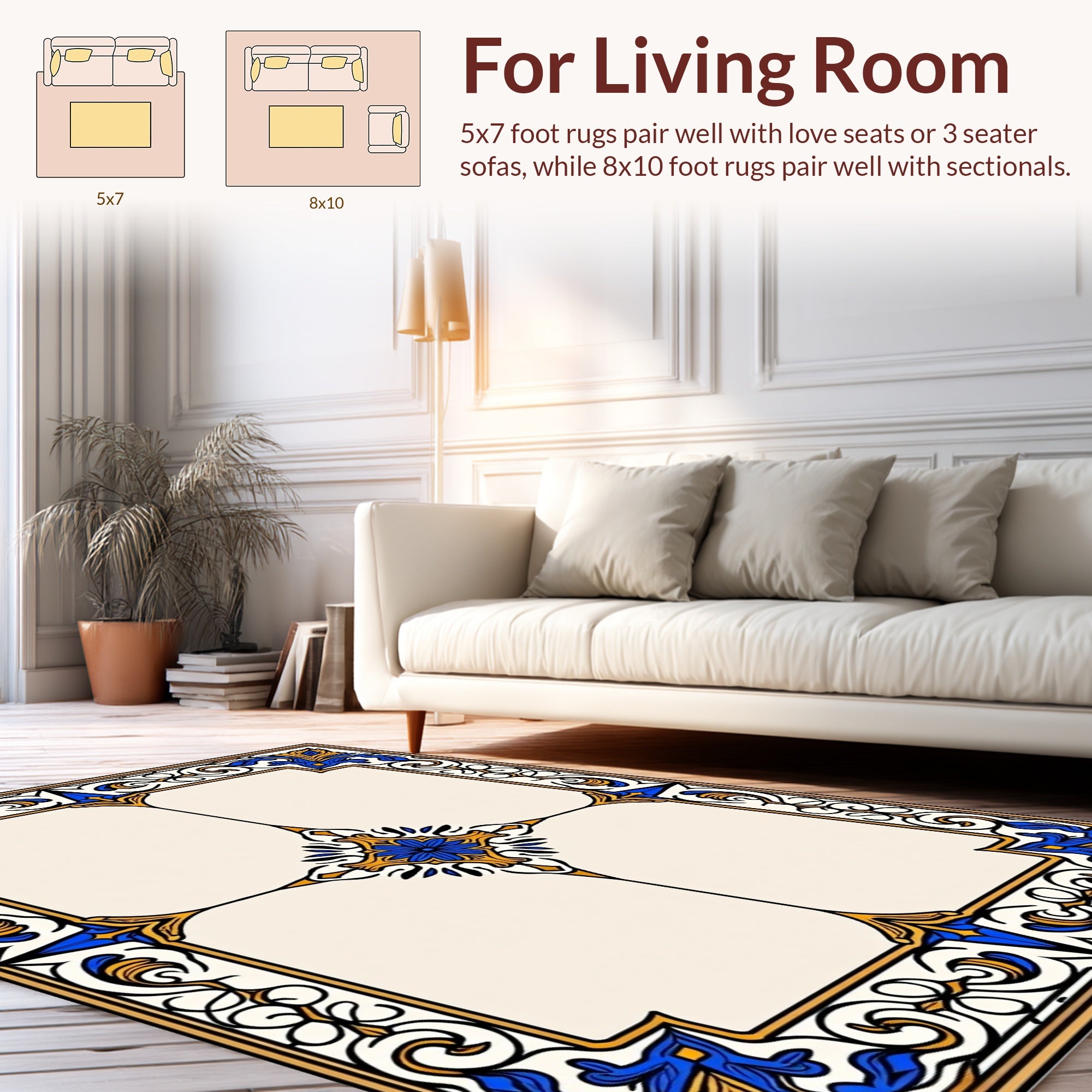Elaborate Royal Blue Gold Floral Scroll Rug