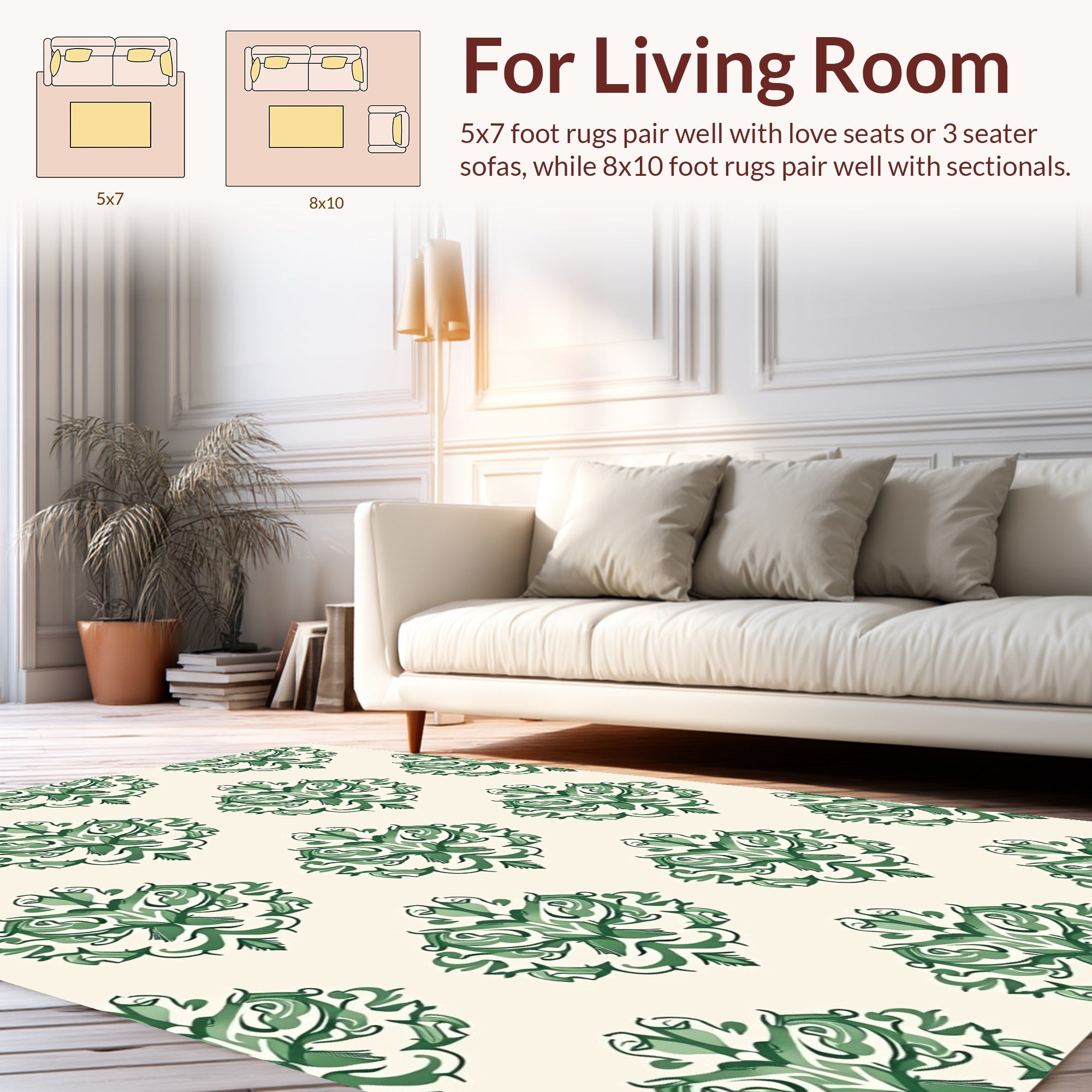 Elegant Green Floral Damask Pattern Rug
