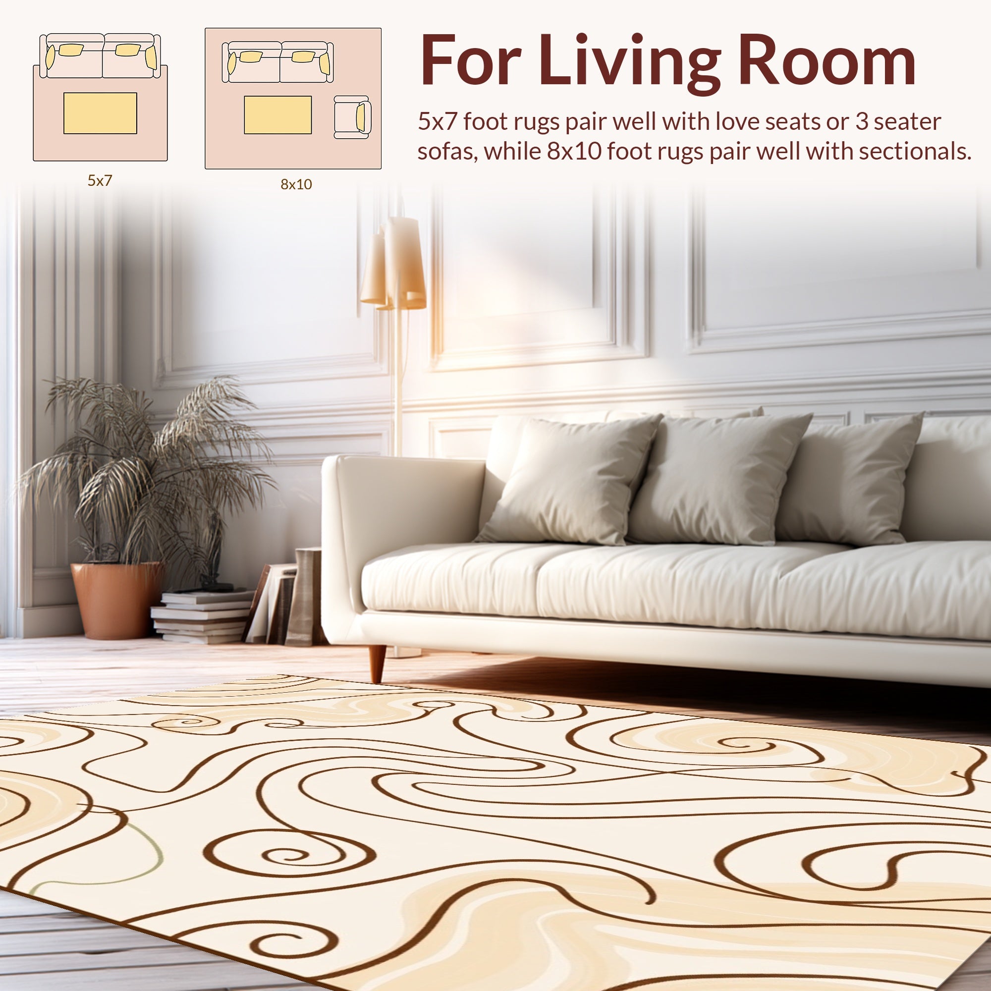 Cream, Brown Swirl Abstract Pattern Rug