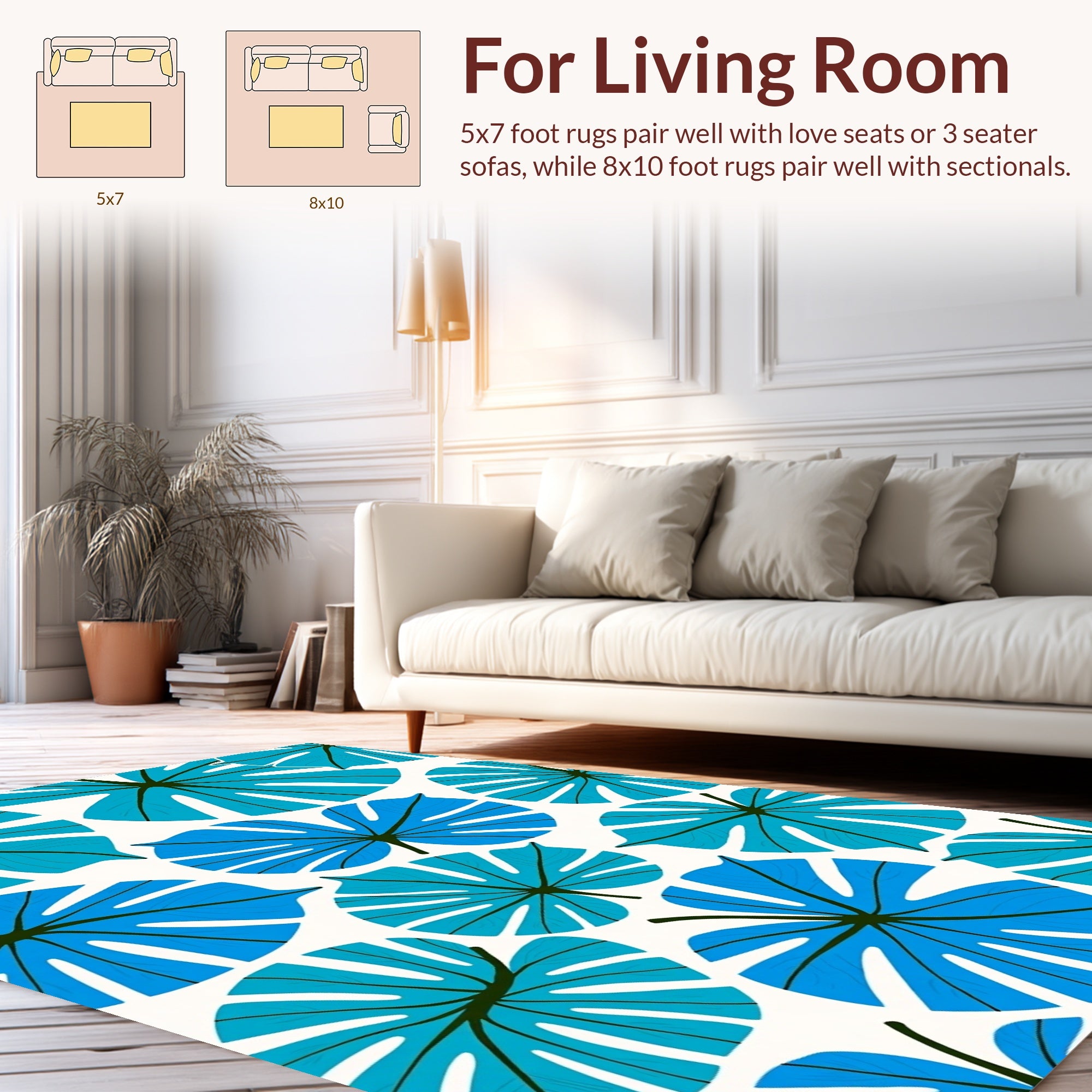 Coastal Blue Leaf Pattern Rug