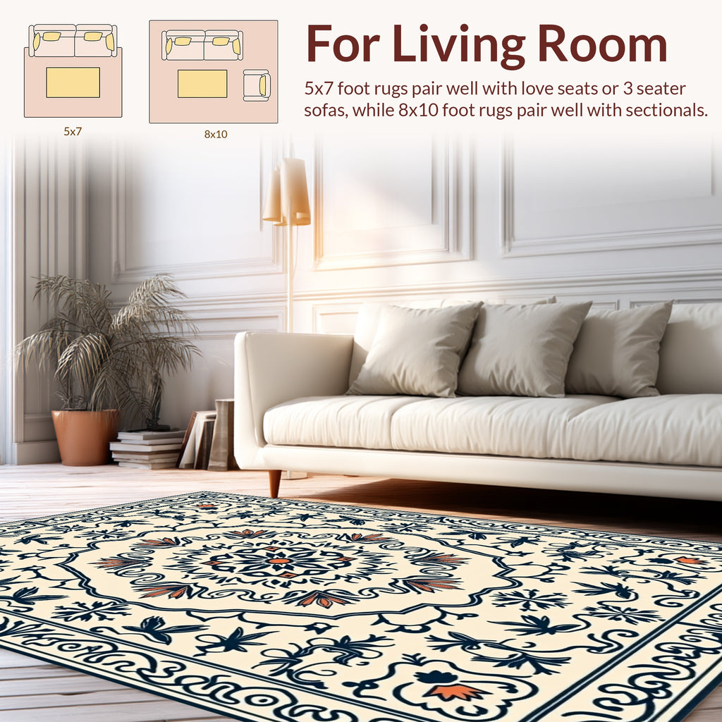 Cream Navy Floral Medallion Rug
