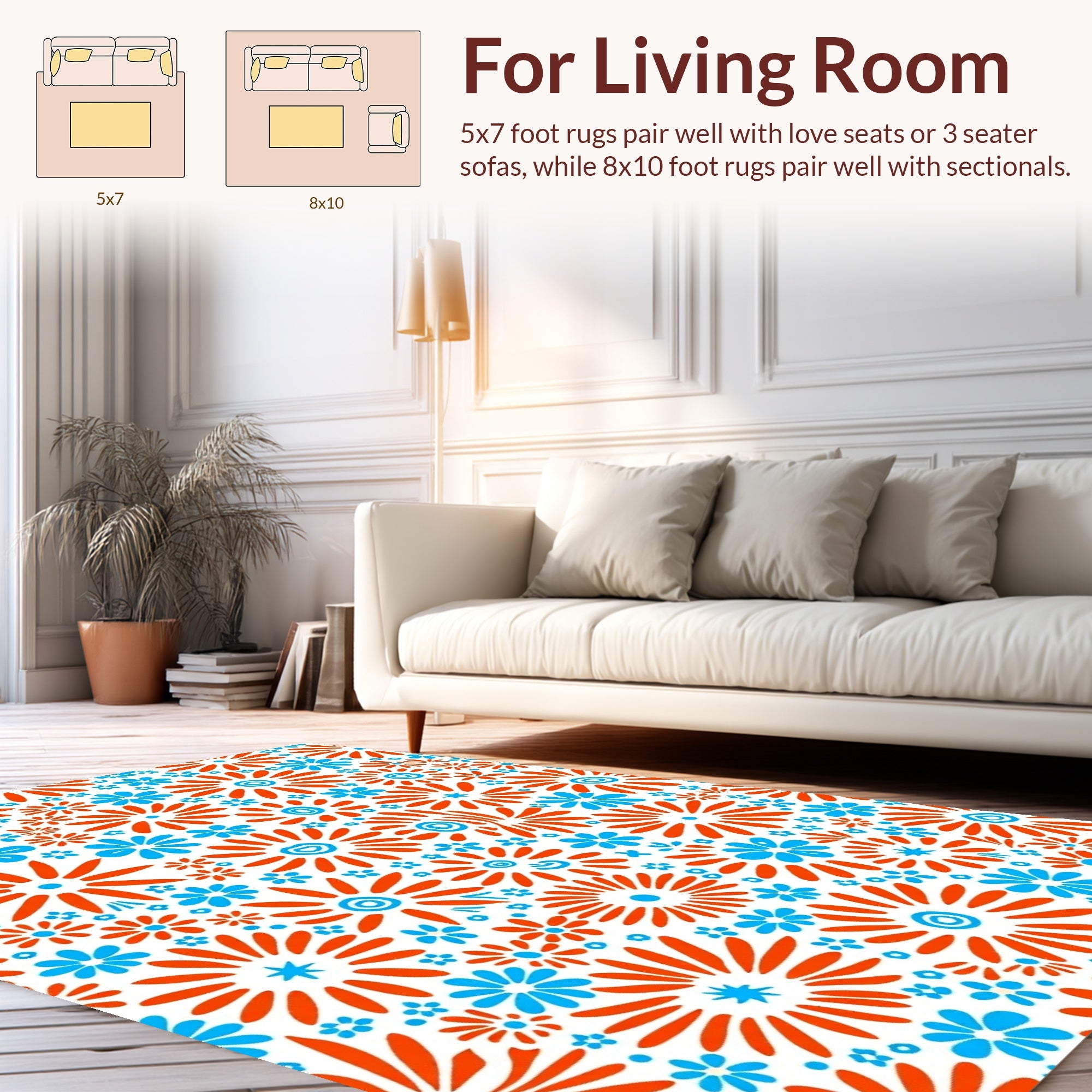 Bright Orange Blue Floral Pattern Rug