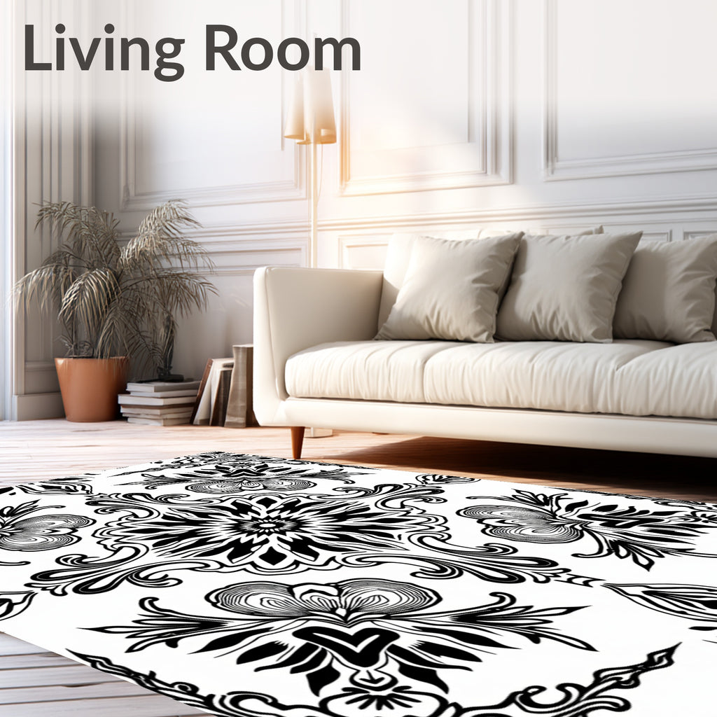 Bold Black White Stylized Floral Pattern Rug