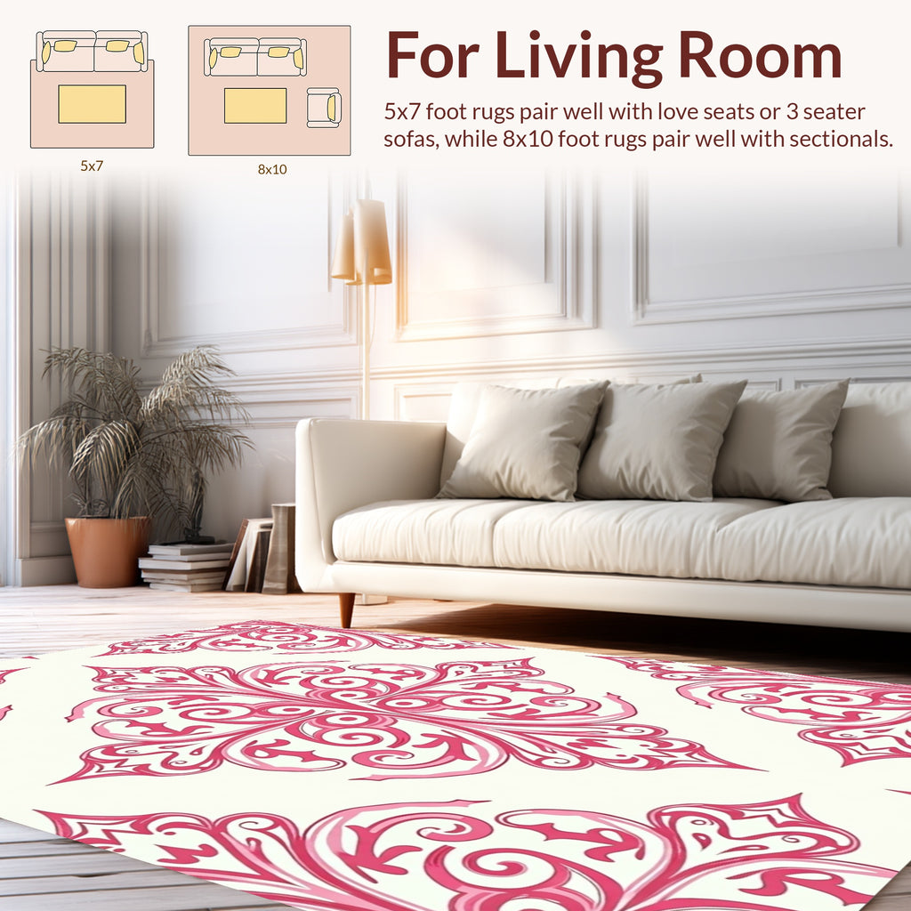 Ornate Pink Floral Scroll Pattern Rug