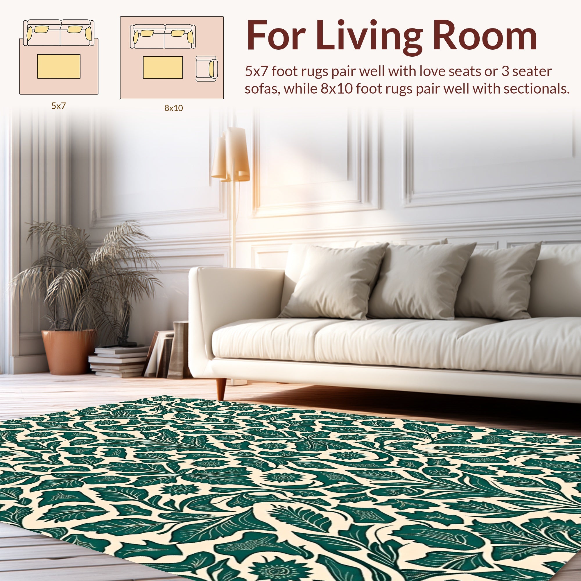 Emerald Green Scroll Floral Pattern Rug