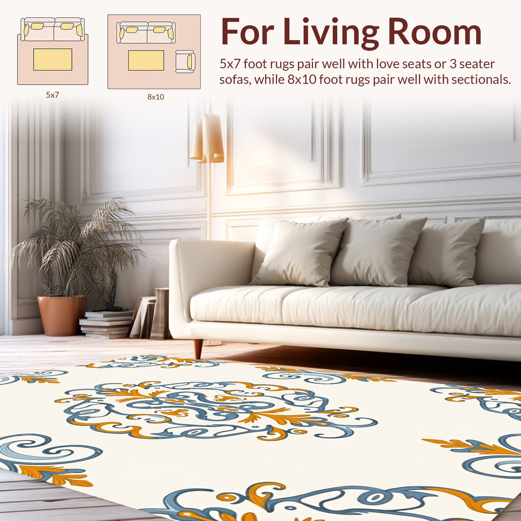 Intricate Blue and Gold Damask Rug