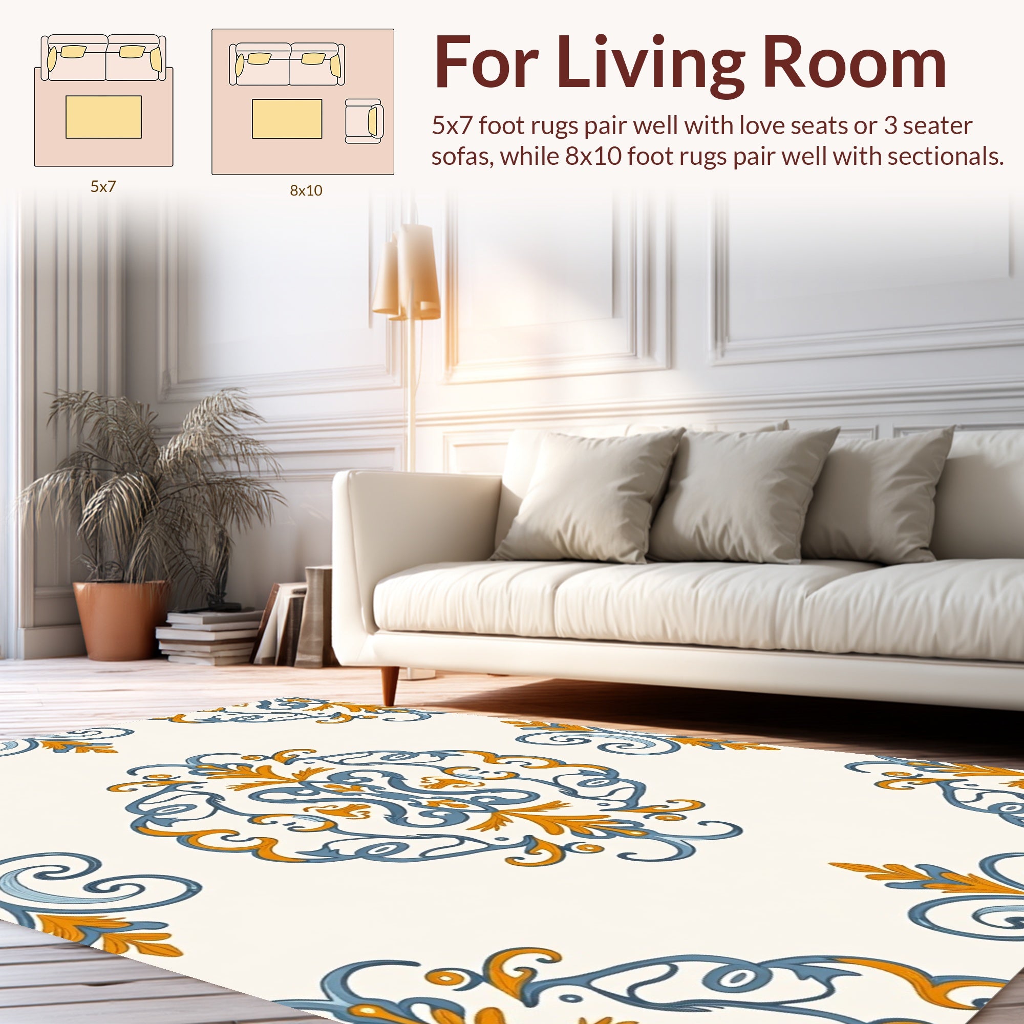 Intricate Blue and Gold Damask Rug