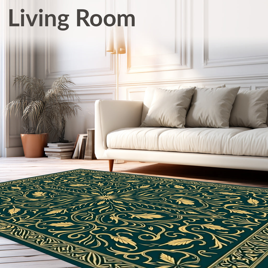 Deep Teal Gold Floral Mandala Rug