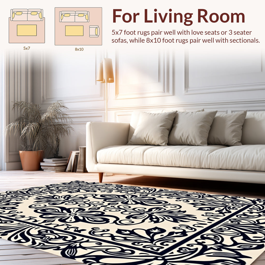 Black Floral Medallion Ornate Pattern Rug