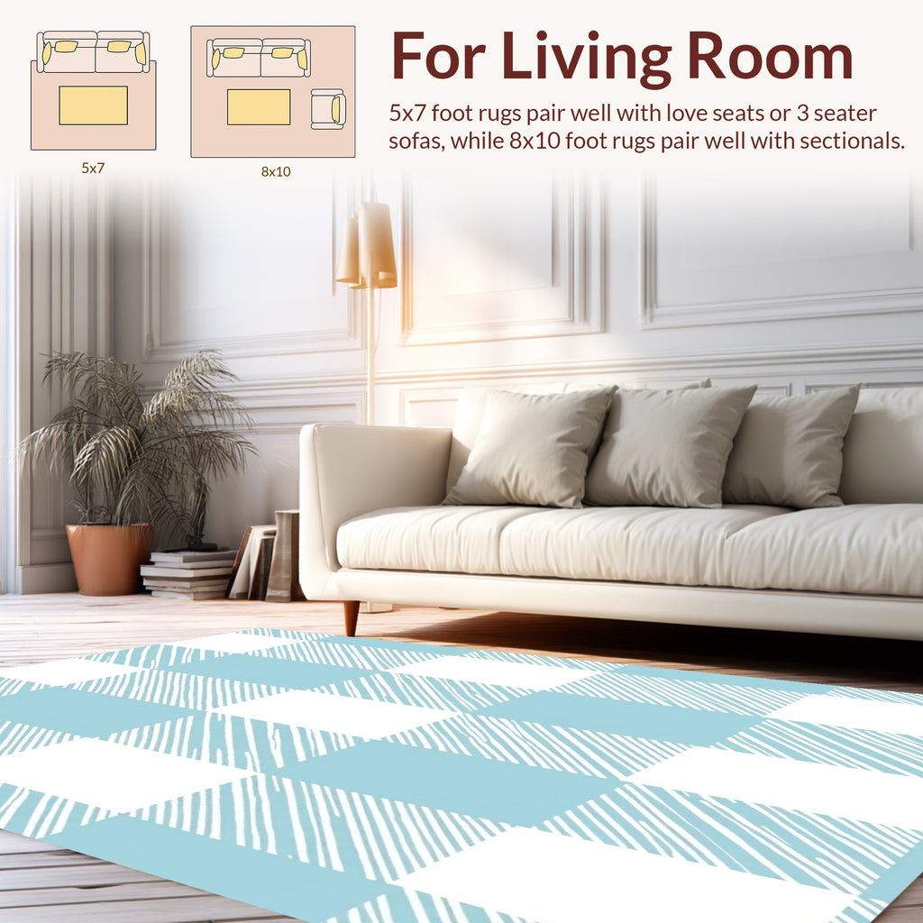 Blue White Checked Hand-Drawn Square Pattern Rug