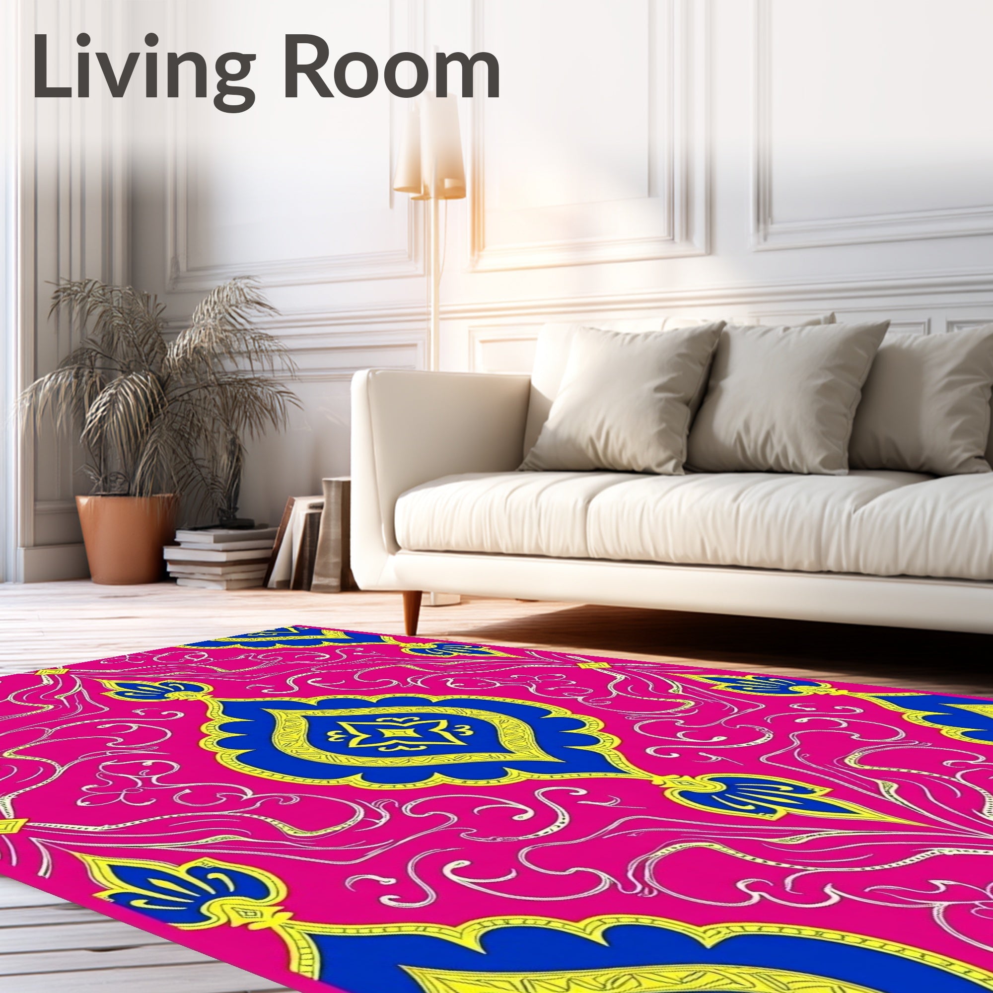 Vivid Pink Blue Yellow Floral Scroll Rug