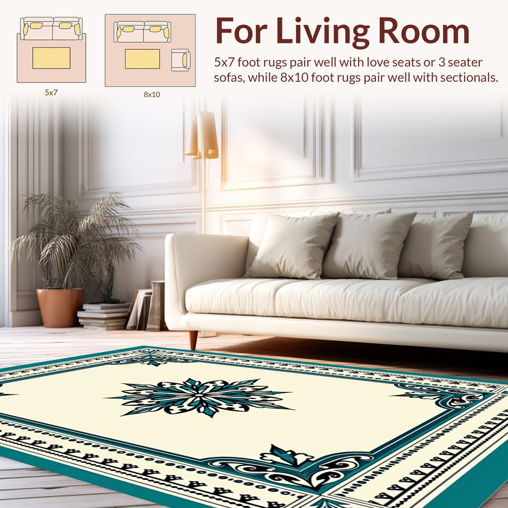 Teal Floral Medallion Border Rug