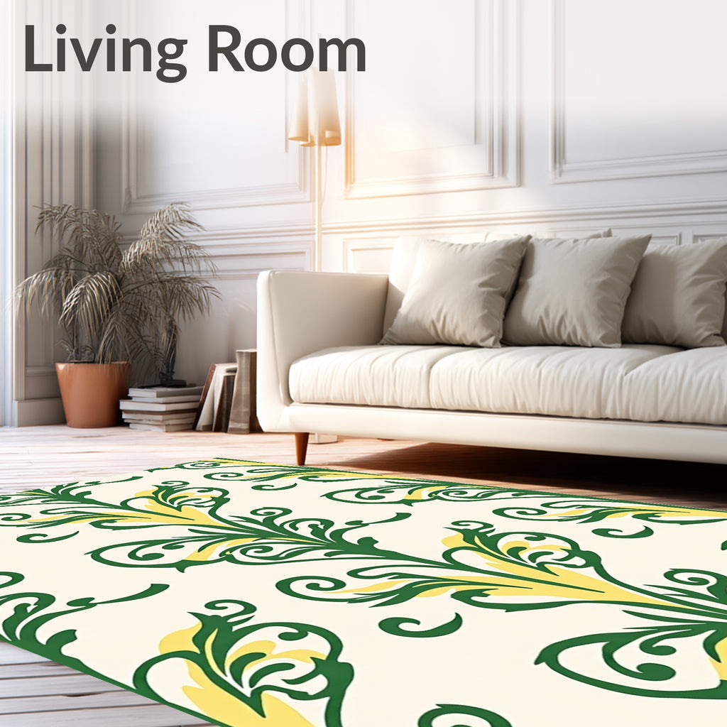 Green Yellow Scrollwork Floral Accents Rug