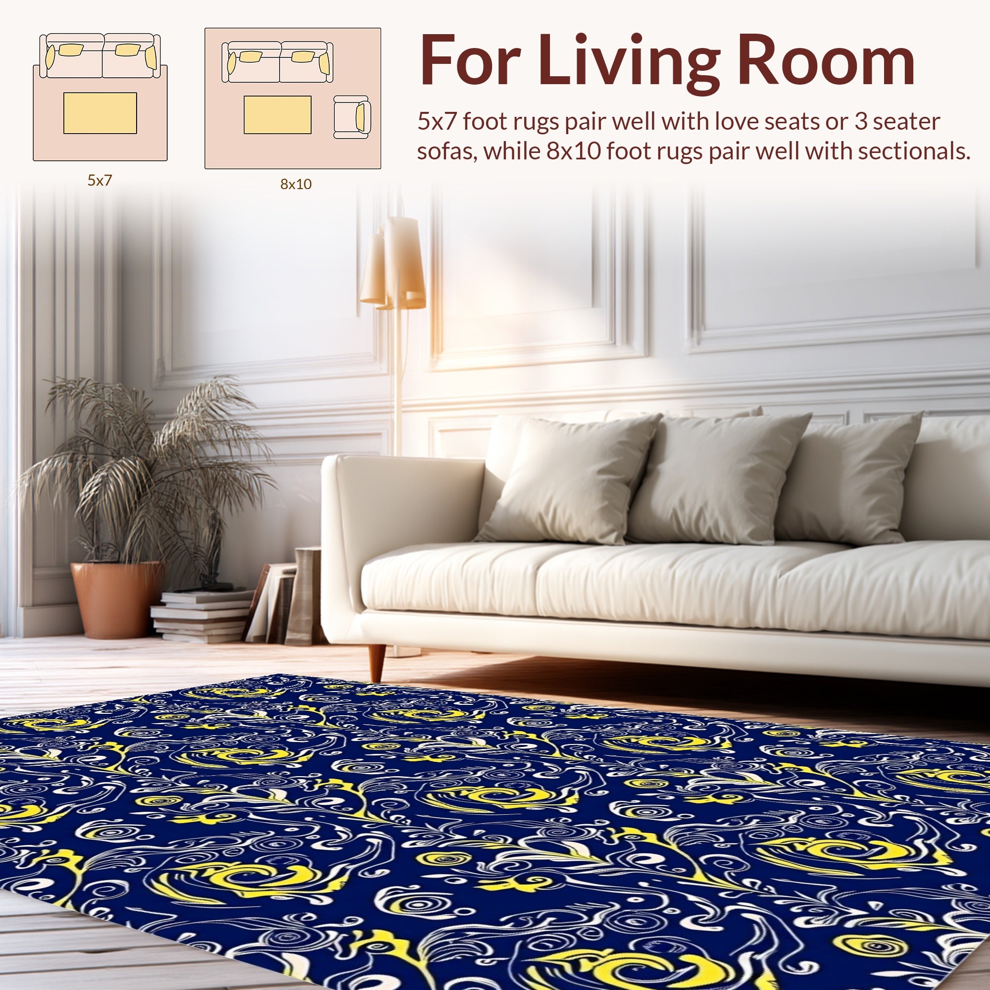 Navy Yellow Botanical Swirl Pattern Rug