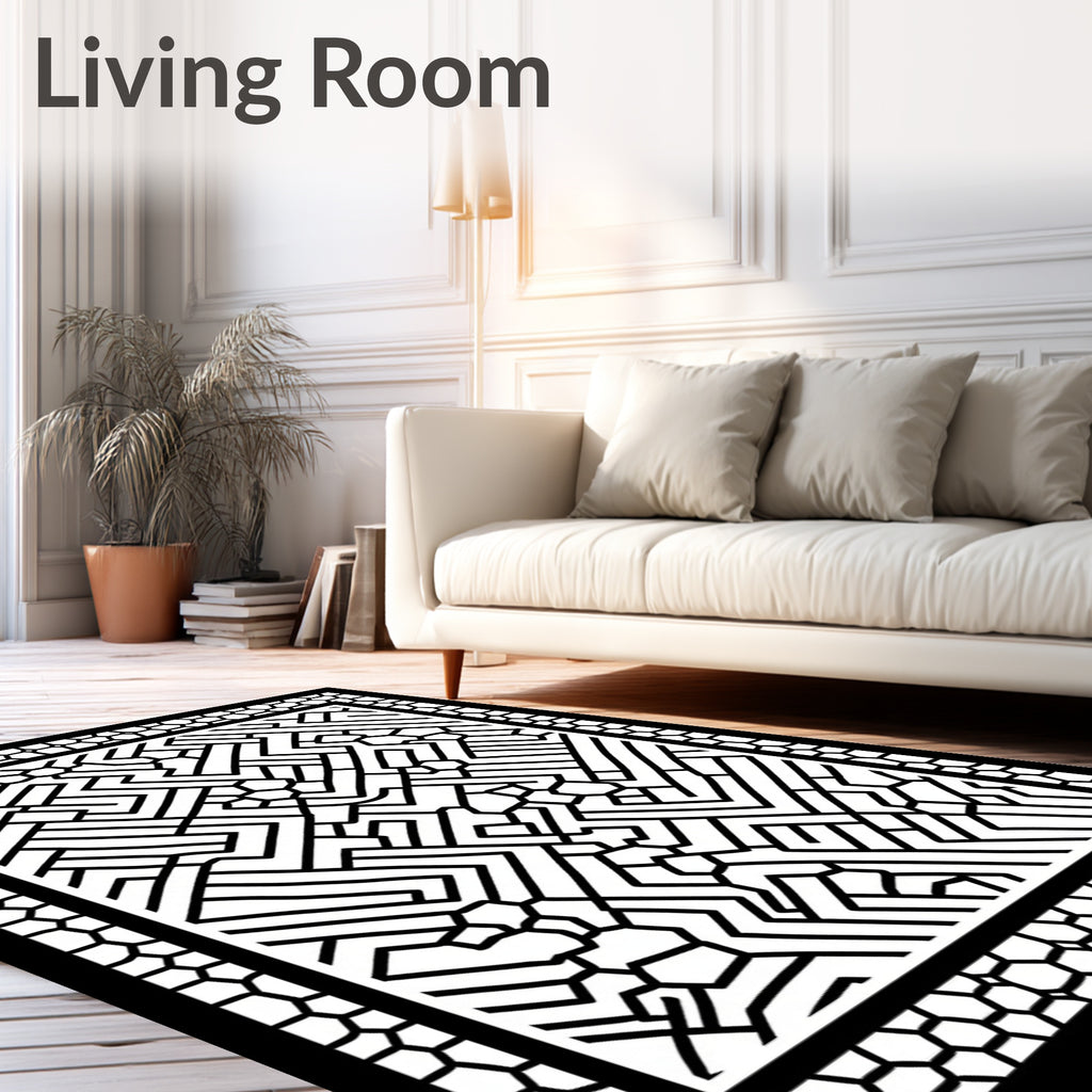 Abstract Black Geometric Maze Pattern Rug
