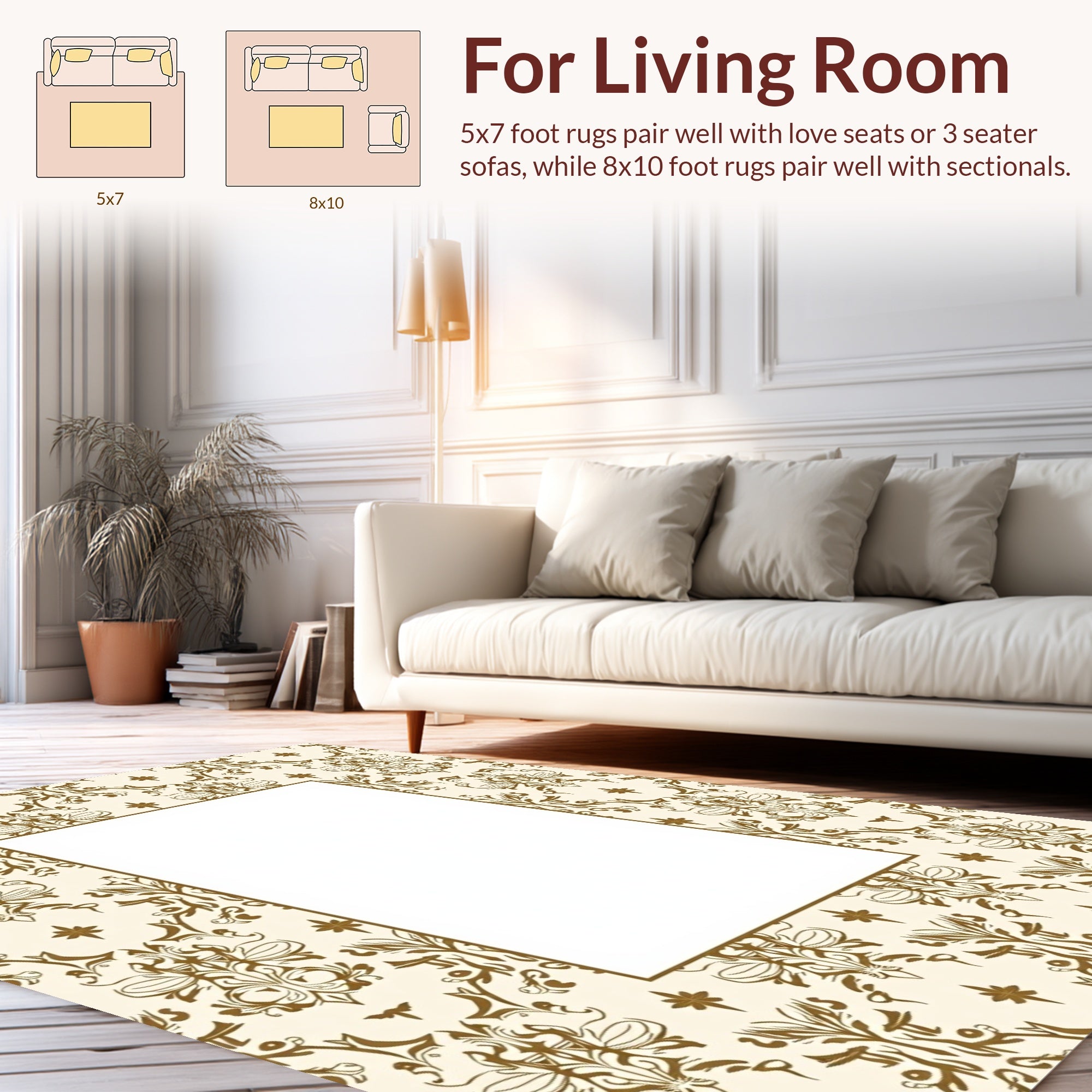 Elegant Cream Gold Damask Pattern Rug