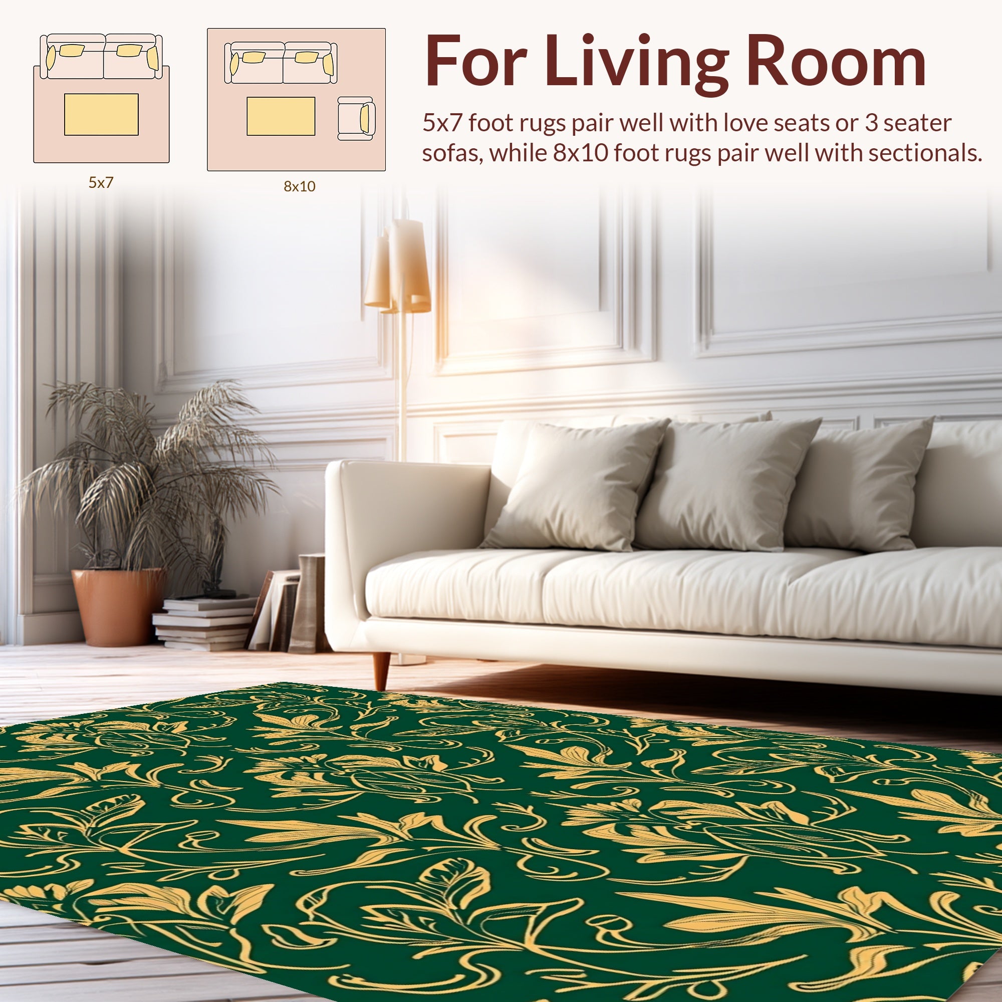 Green Gold Floral Vine Pattern Rug