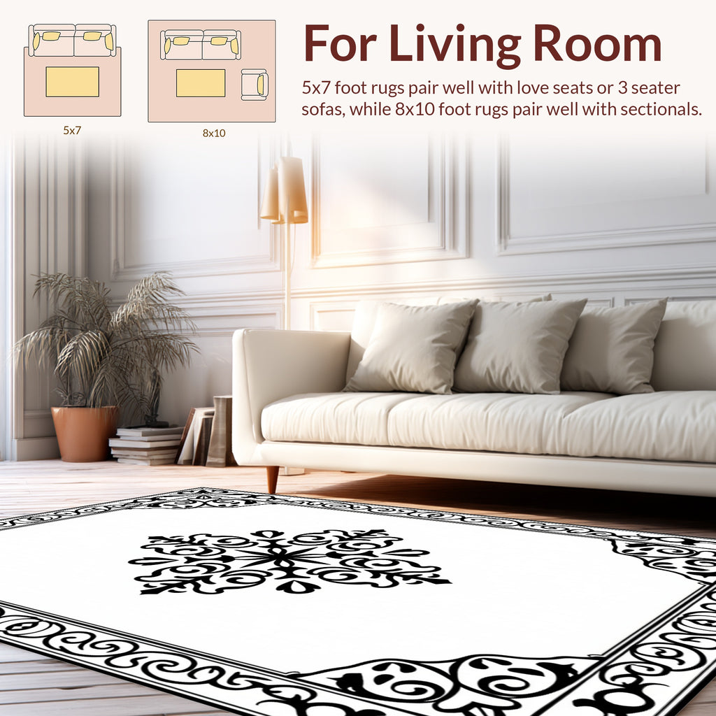 Ornate Black Floral Medallion Border Rug